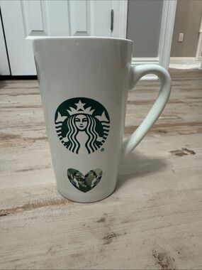 Starbucks White Mug with Green Logo and Camouflage Heart